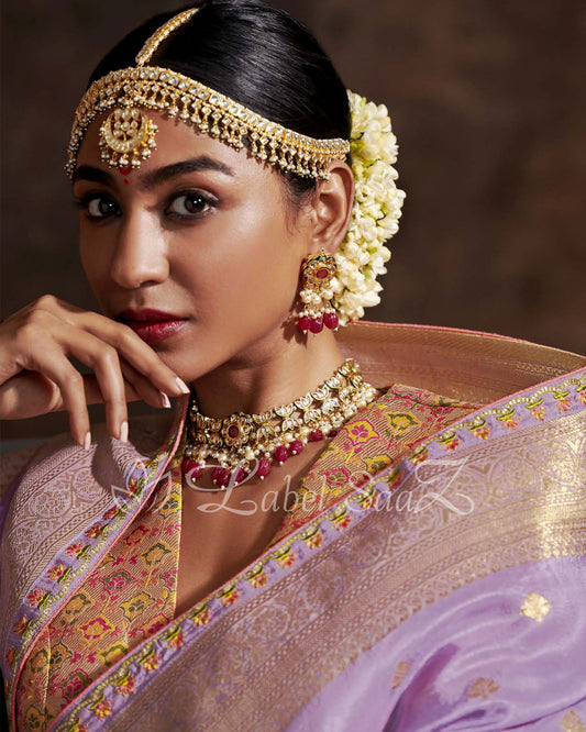 Violet Designer Meenakri Banarasi with Kashmiri Embroidery and Heavy Blouse