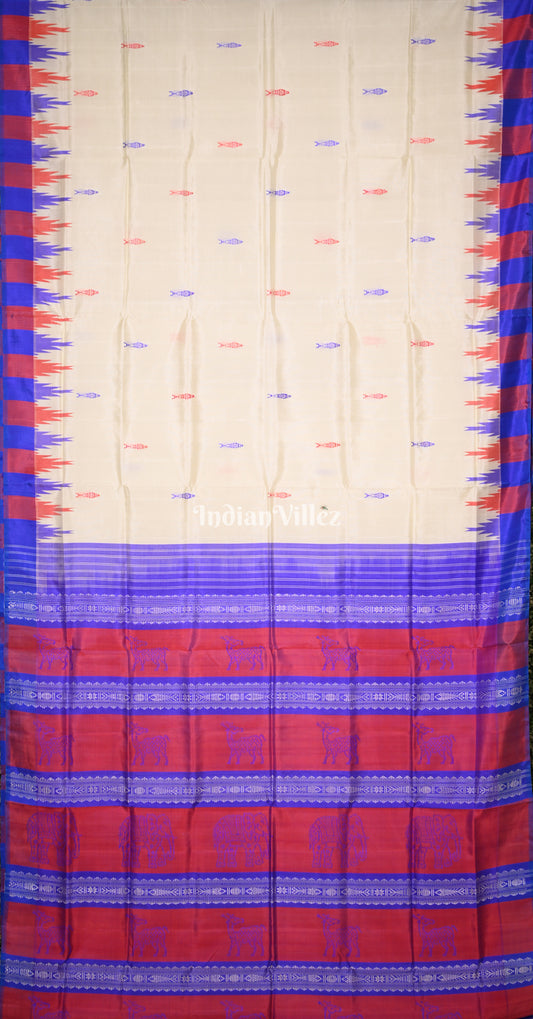 White with Multicolour Fish Motif Double Pallu Berhampuri Silk Saree