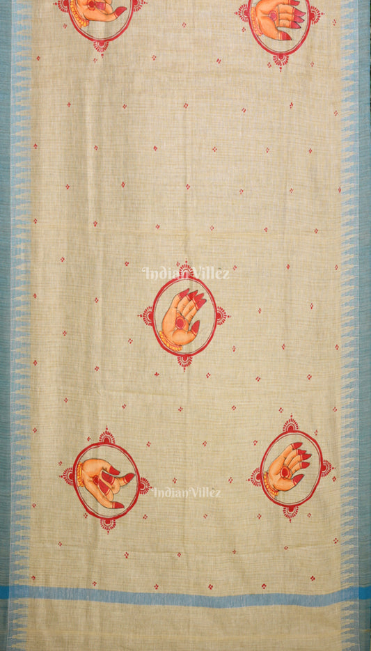 Cream Beige Mudra Theme Hand-Painted Tussar Pattachitra Dupatta