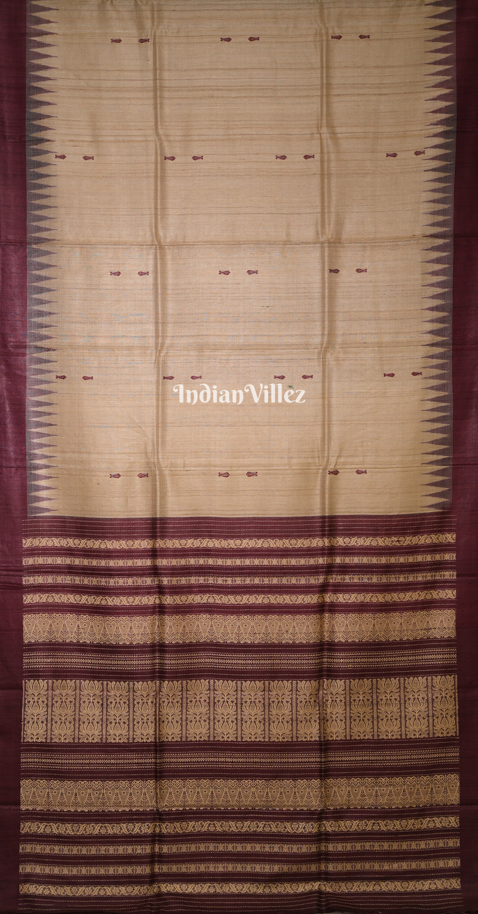 Beige Coffee Fish Motif Fine Gopalpur  Double Pallu Tussar Silk Saree