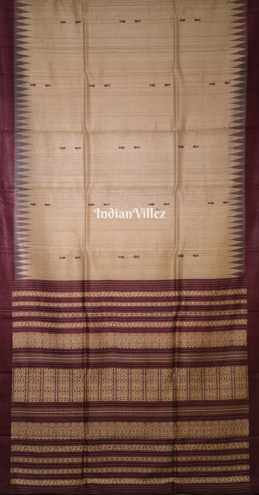 Beige Coffee Fish Motif Fine Gopalpur  Double Pallu Tussar Silk Saree