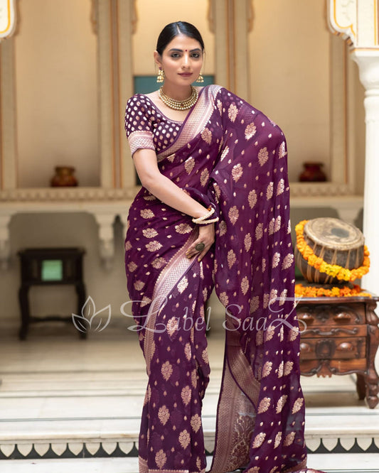 Purple Handwoven Georgette Banarasi Saree