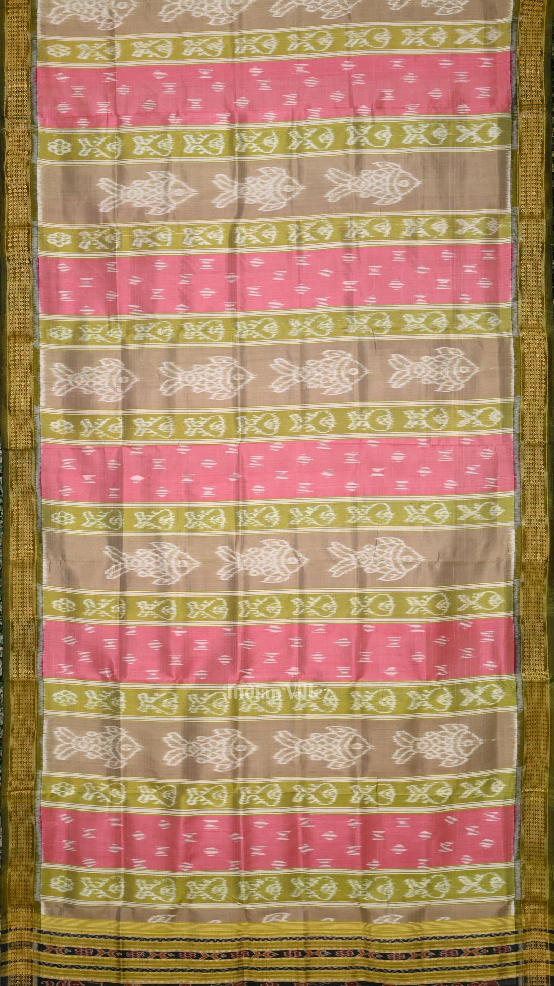 Pink Olive Green Fish Motif Odisha Ikat Khandua Silk Saree 