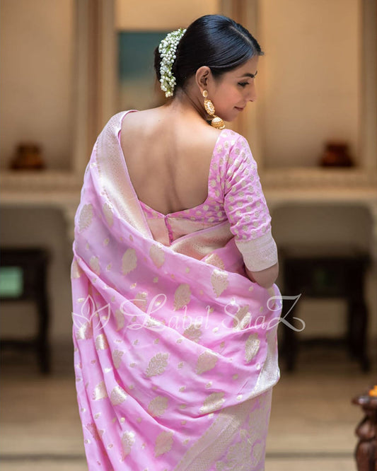Light Pink Handwoven Georgette Banarasi Saree