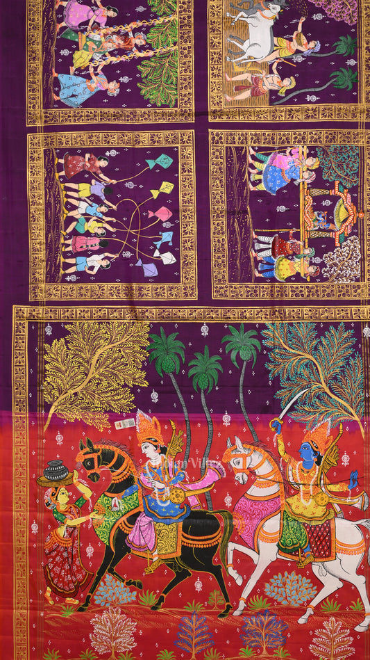 Purple Orange Kanchi Abhiyan Hand- Painted Pattachitra Saree