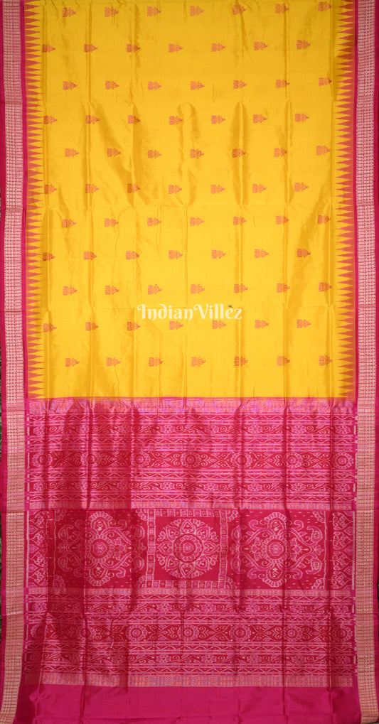 Yellow  Rani Pink Jhumka Theme Odisha Ikat Bomkai Sambalpuri Silk Saree