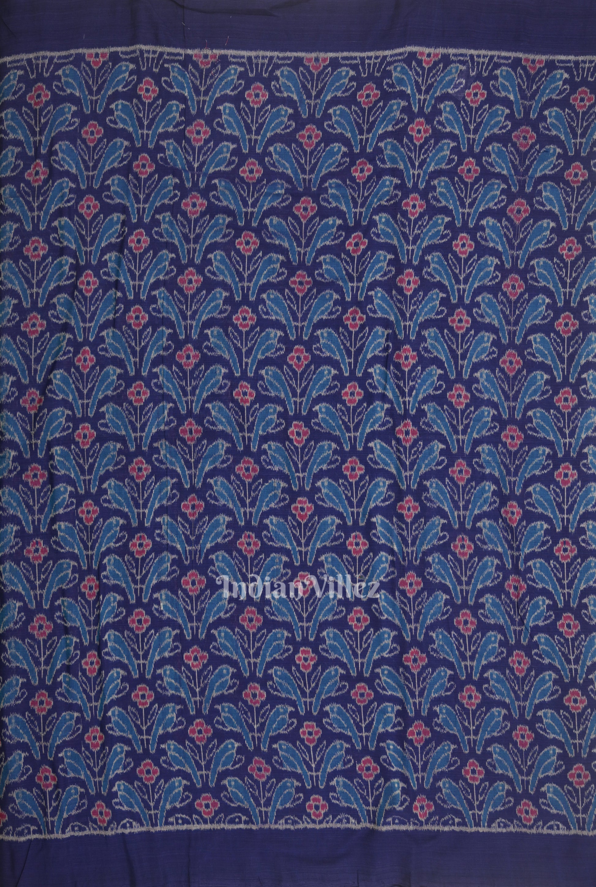 Blue Flower Motif Sambalpuri Ikat Cotton Fabric