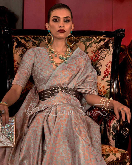 Grey Floral Zari Tissue Kanjivaram Silk Saree