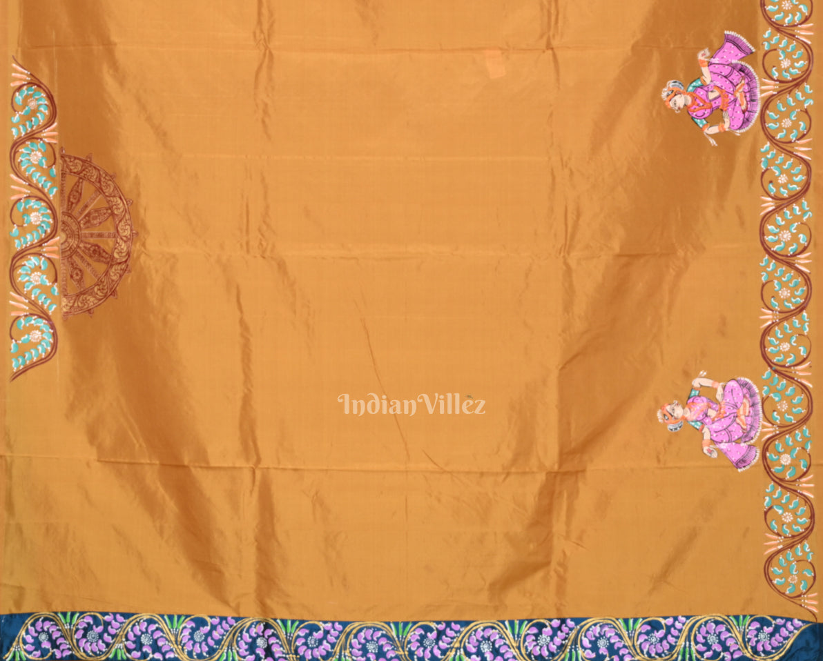 Blue Yellow Nartaki Konark Temple Hand-Painted Pattachitra Saree 
