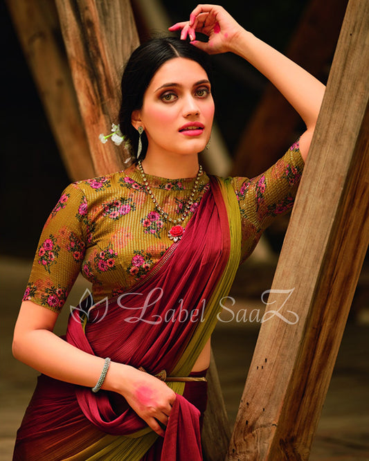 Red Green Chiffon Saree with Floral Blouse