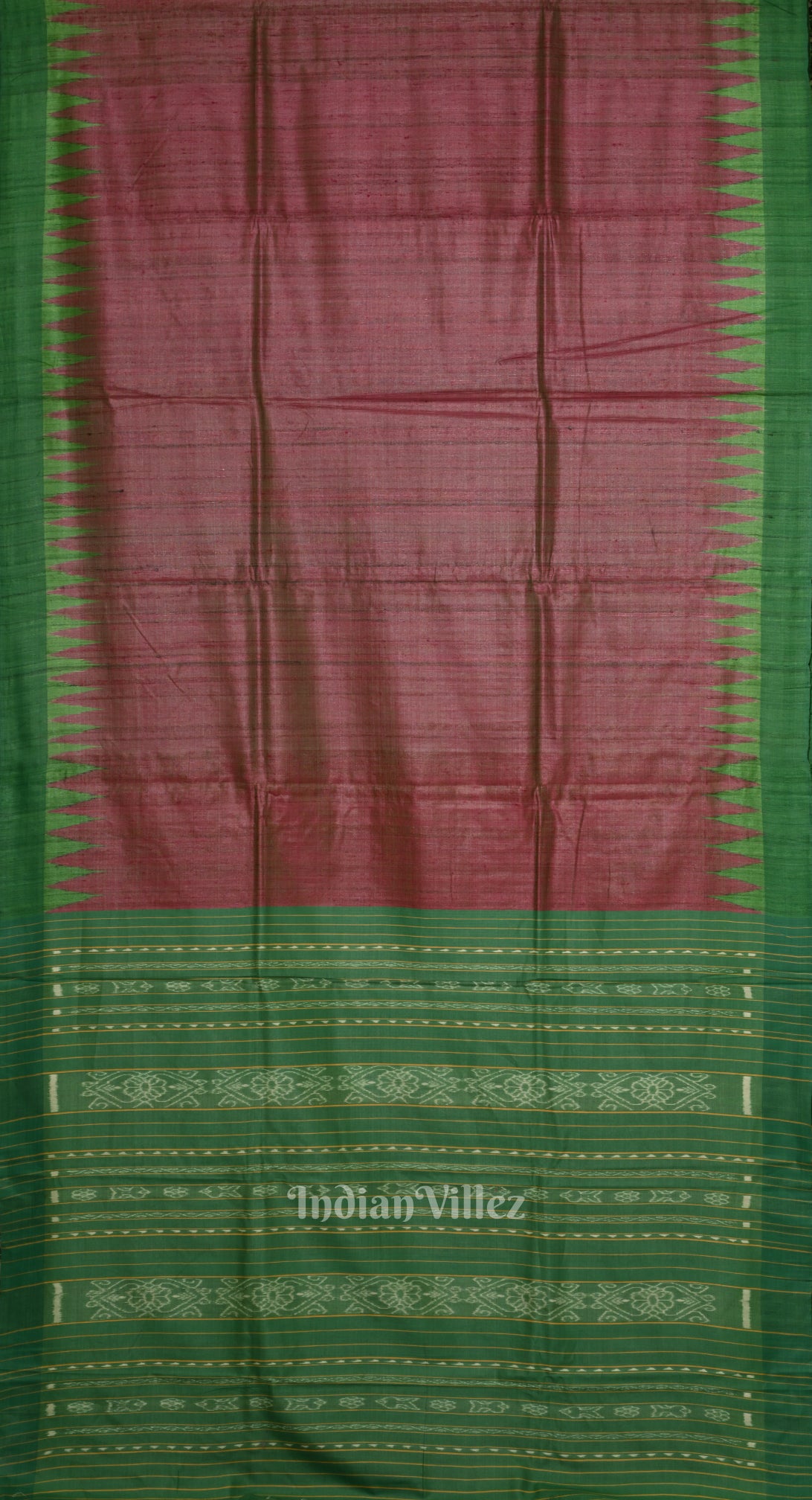 Rani Pink Tussar Silk Saree with Green Border & Anchal 