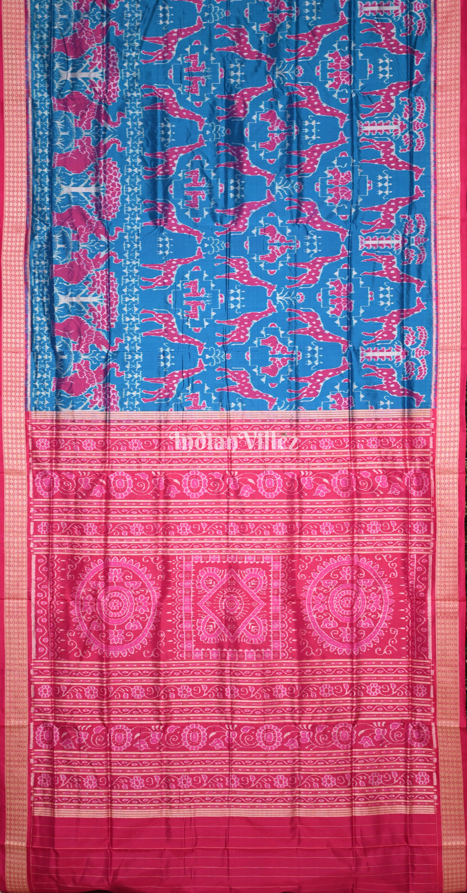 Peacock Blue Rani Pink Deer Theme Odisha Ikat Sambalpuri Silk Saree