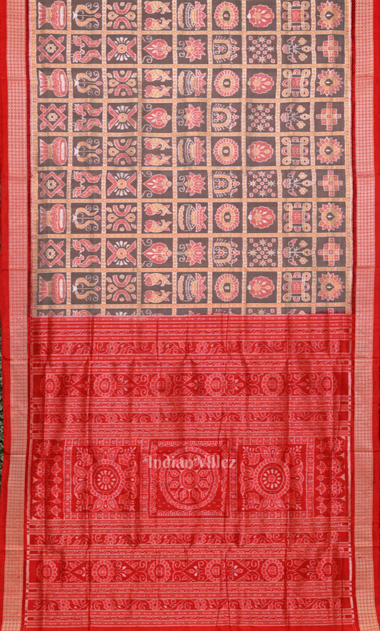  Elegant Gray Red Nabakothi Odisha Ikat Sambalpuri Silk Saree 