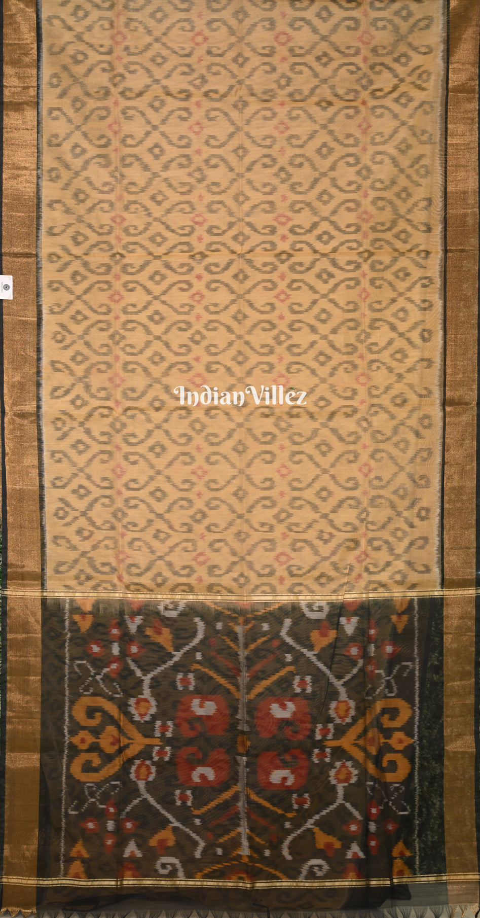 Beige Black Pochampally Ikat Silk Cotton (Sico) Saree
