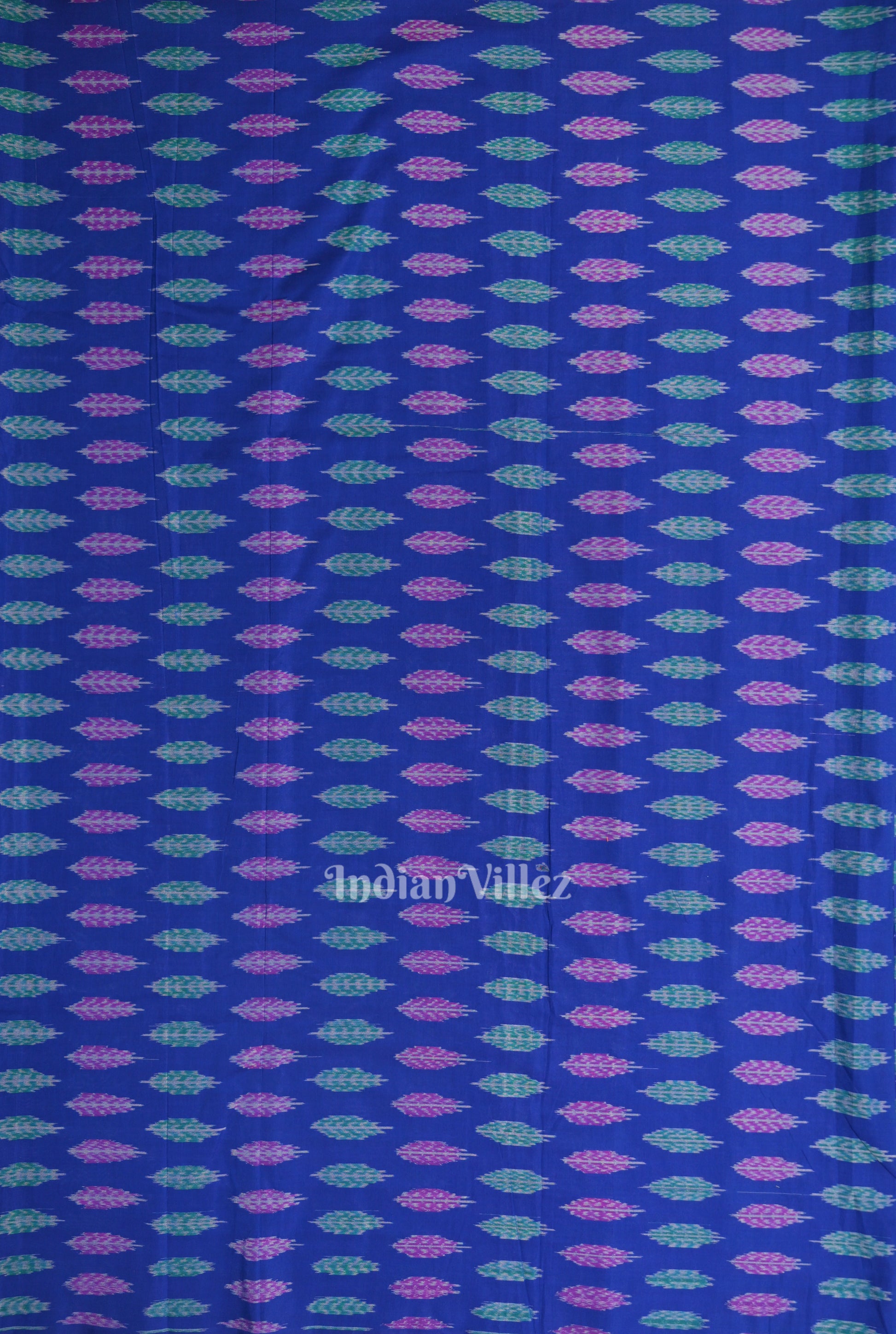 Blue Leaf Motif Pochampally Ikat Silk & Cotton (Sico) Fabric