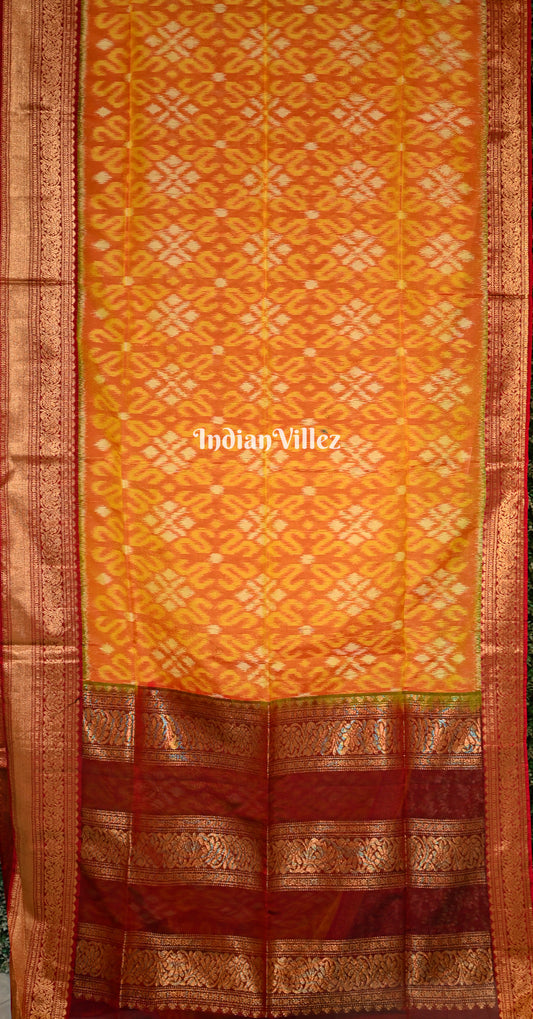 Mustard Yellow Maroon Pochampally Ikat Silk Cotton (Sico) Saree