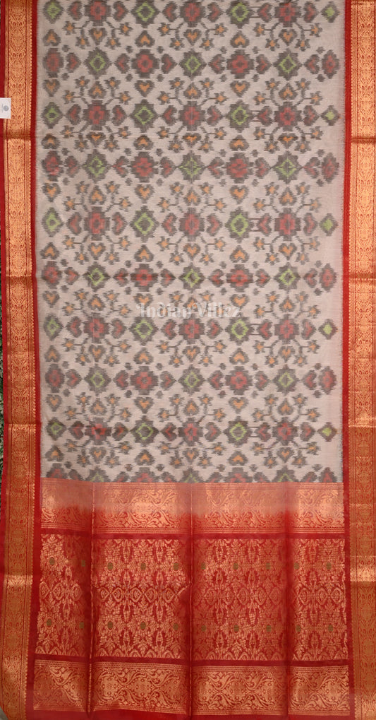Off White Purple Pochampally Ikat Silk Cotton (Sico) Saree