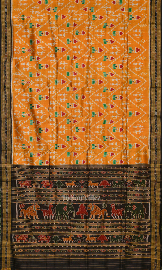 Yellow Black Tribal Theme Odisha Ikat Khandua Silk Saree 