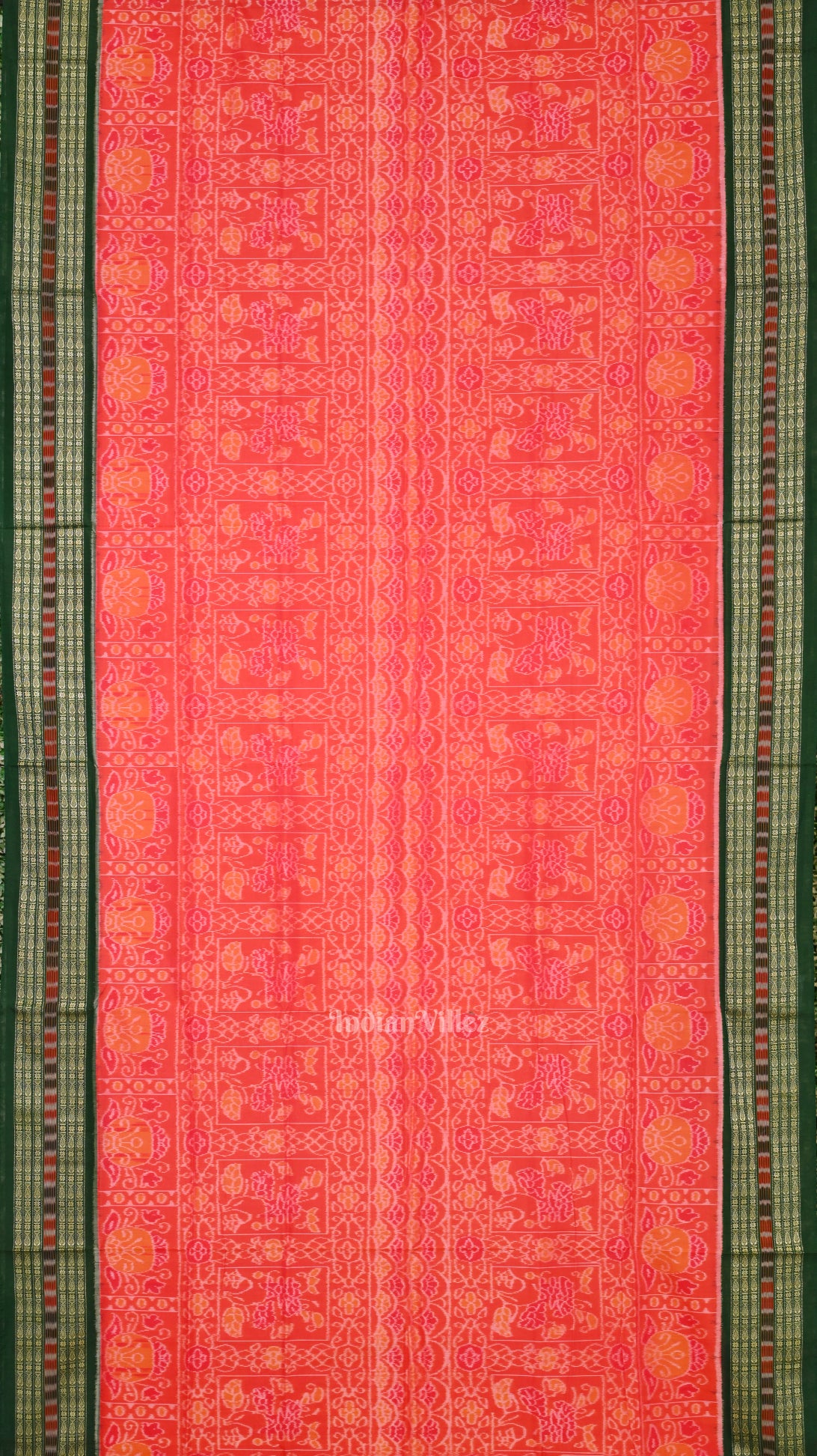 Peach Pink with Green Sambalpuri  Silk * Cotton (Bapta) Saree