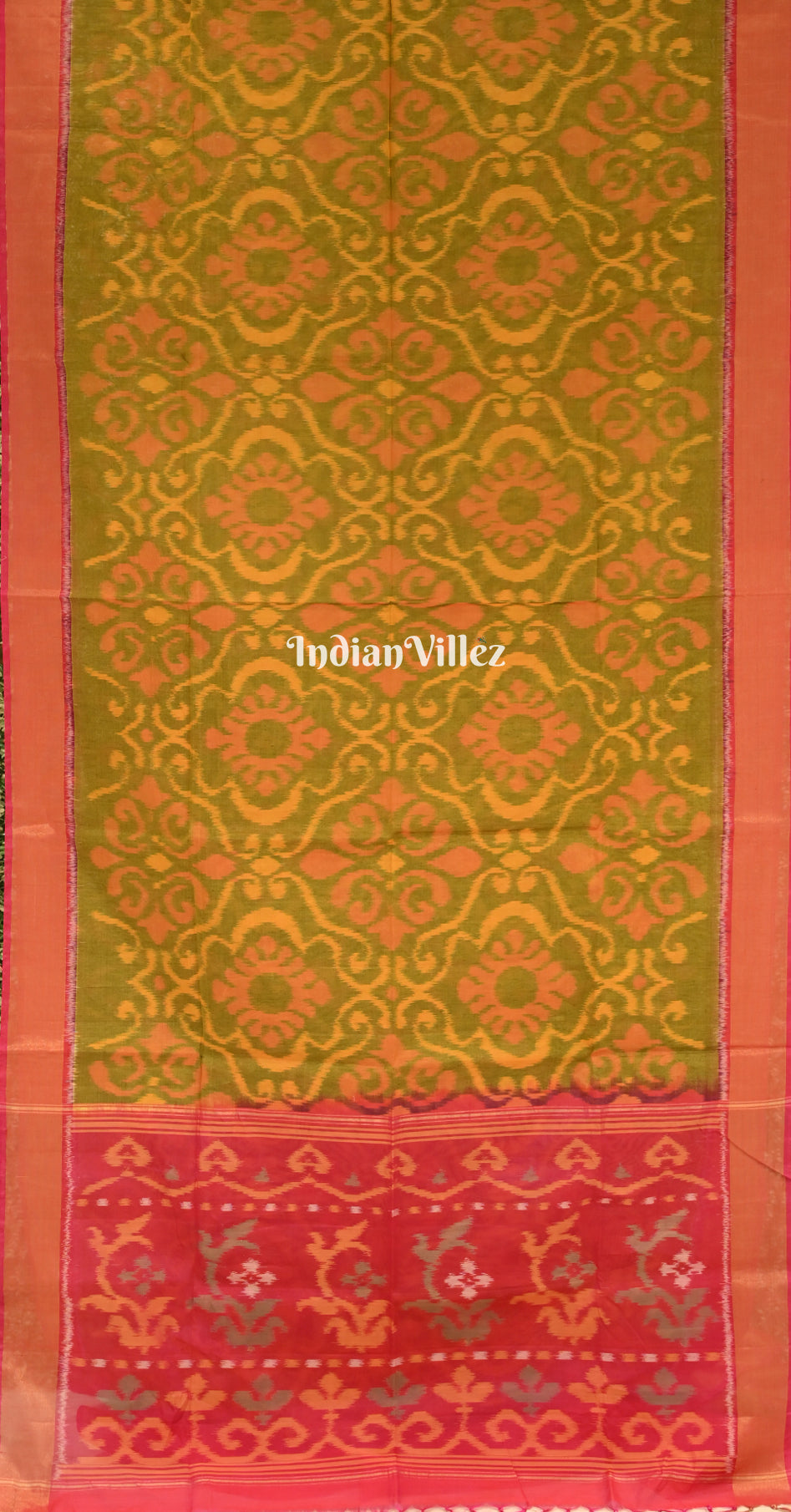 Mehendi Green Pink Pochampally Ikat Silk Cotton (Sico) Saree
