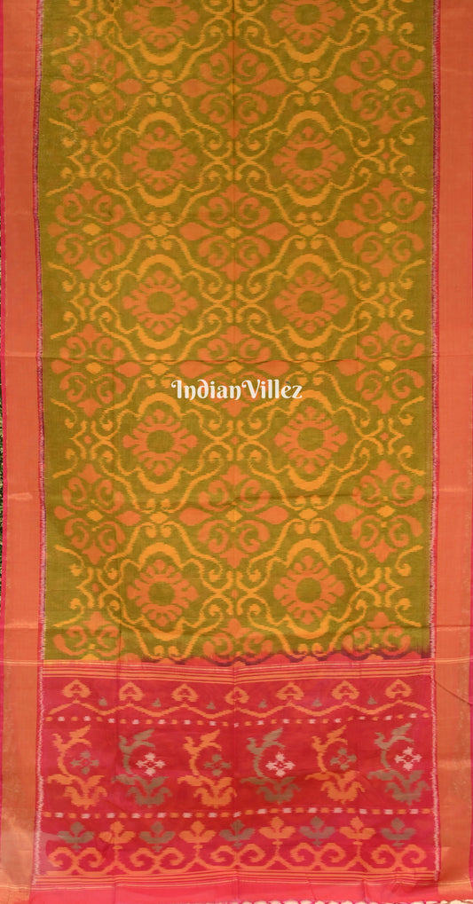 Mehendi Green Pink Pochampally Ikat Silk Cotton (Sico) Saree
