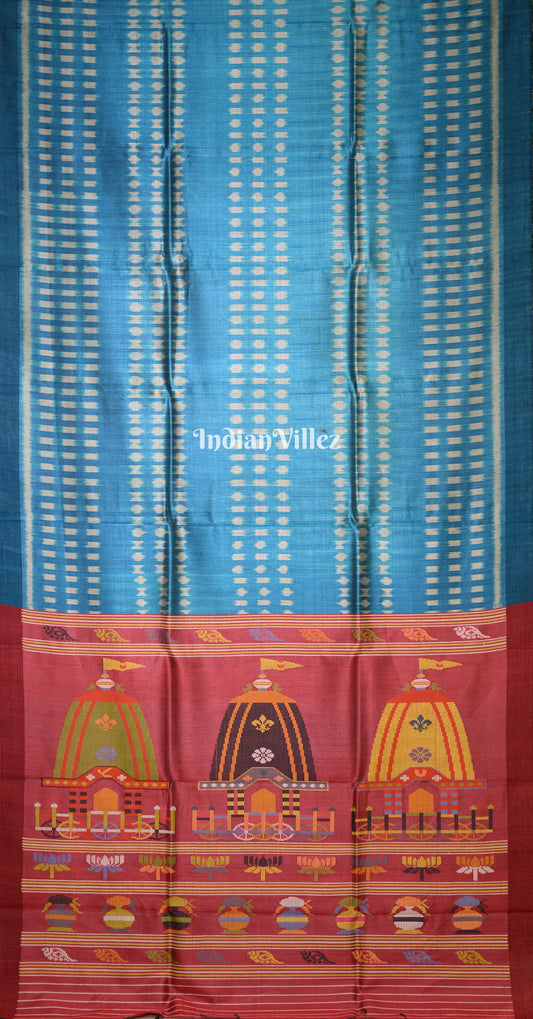 Peacock Blue Red Gopalpur Tussar Silk Saree with Shree Jagannath Ratha Yatra Anchal