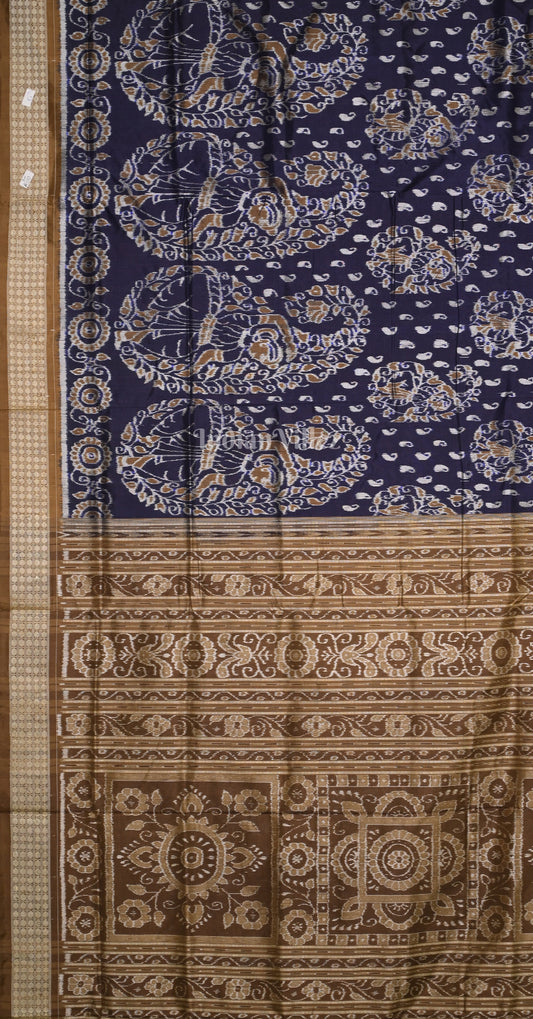 Navy Blue Brown Nartaki Motif Odisha Ikat Sambalpuri Silk Saree 
