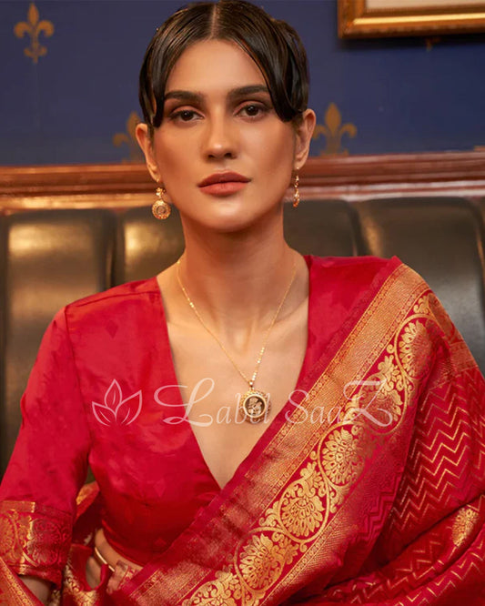 Red Pure Satin Kanjivaram Silk Saree with Brocade Work