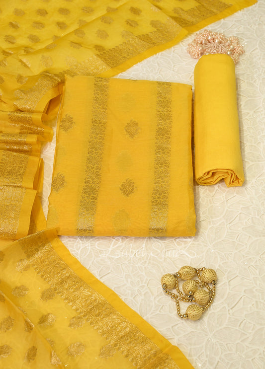 Yellow Zari work Banarasi Unstitched Salwar Suit