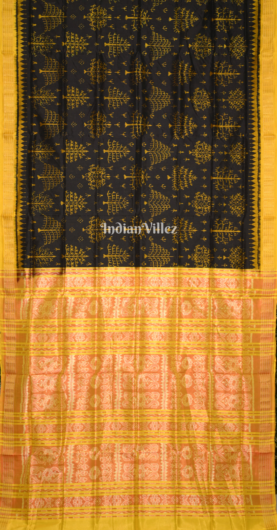 Black Yellow Tribal Tree Motif Half Tissue Odisha Ikat Sambalpuri Silk Saree
