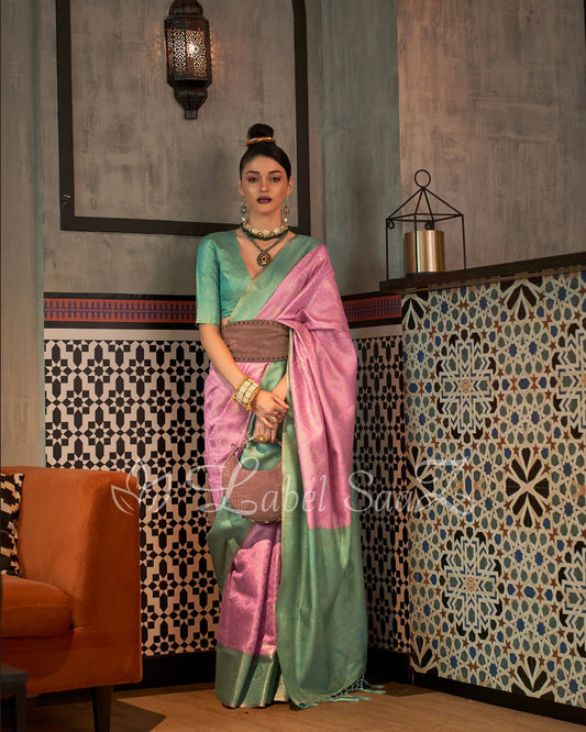 Ram Green with Peach Pure Zari Base Chaap Hand Woven Kanjivaram Silk Saree