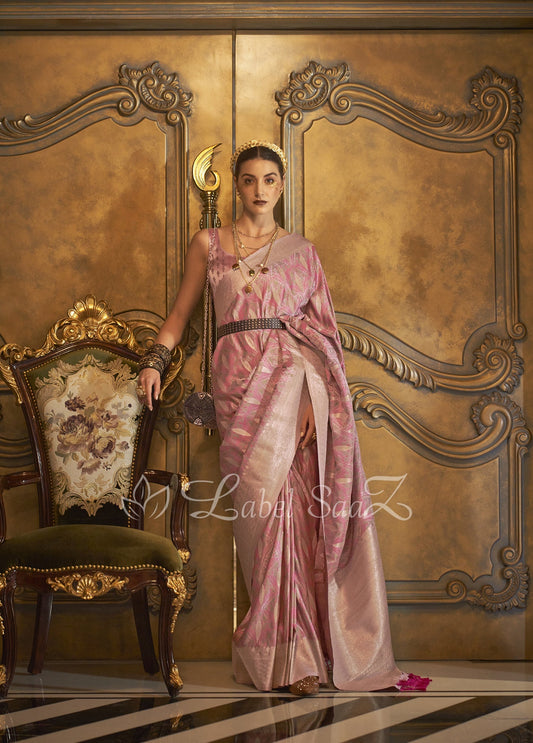 Salmon Pink Zari Handwoven Banarasi Satin Silk Saree