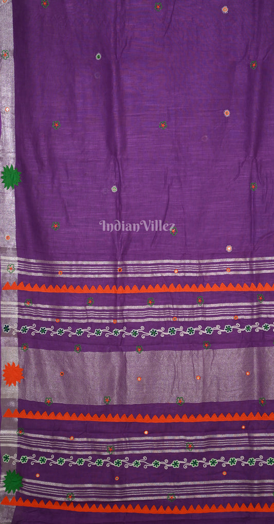 Purple Hand Embroidered Applique Work Saree 
