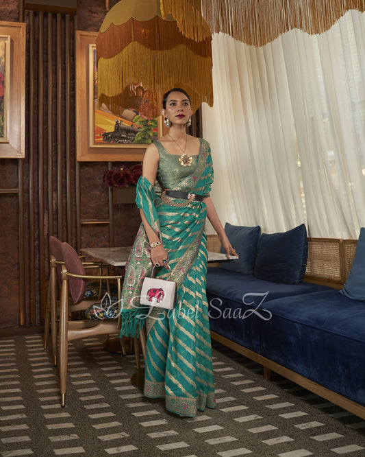 Rama Green Two Tone Meenakari Weaving Organza Banarasi Saree