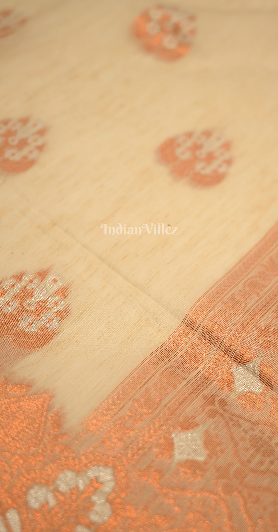 Off White Peach Linen Banarasi With Copper Zari Saree