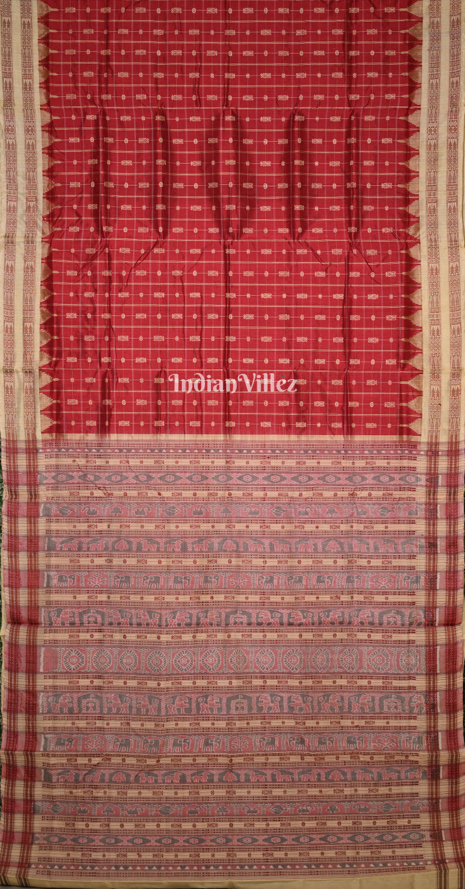 Maroon Beige Hazarbuti Odisha Ikat Tussar Silk Saree