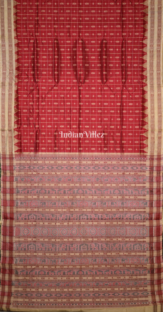 Maroon Beige Hazarbuti Odisha Ikat Tussar Silk Saree