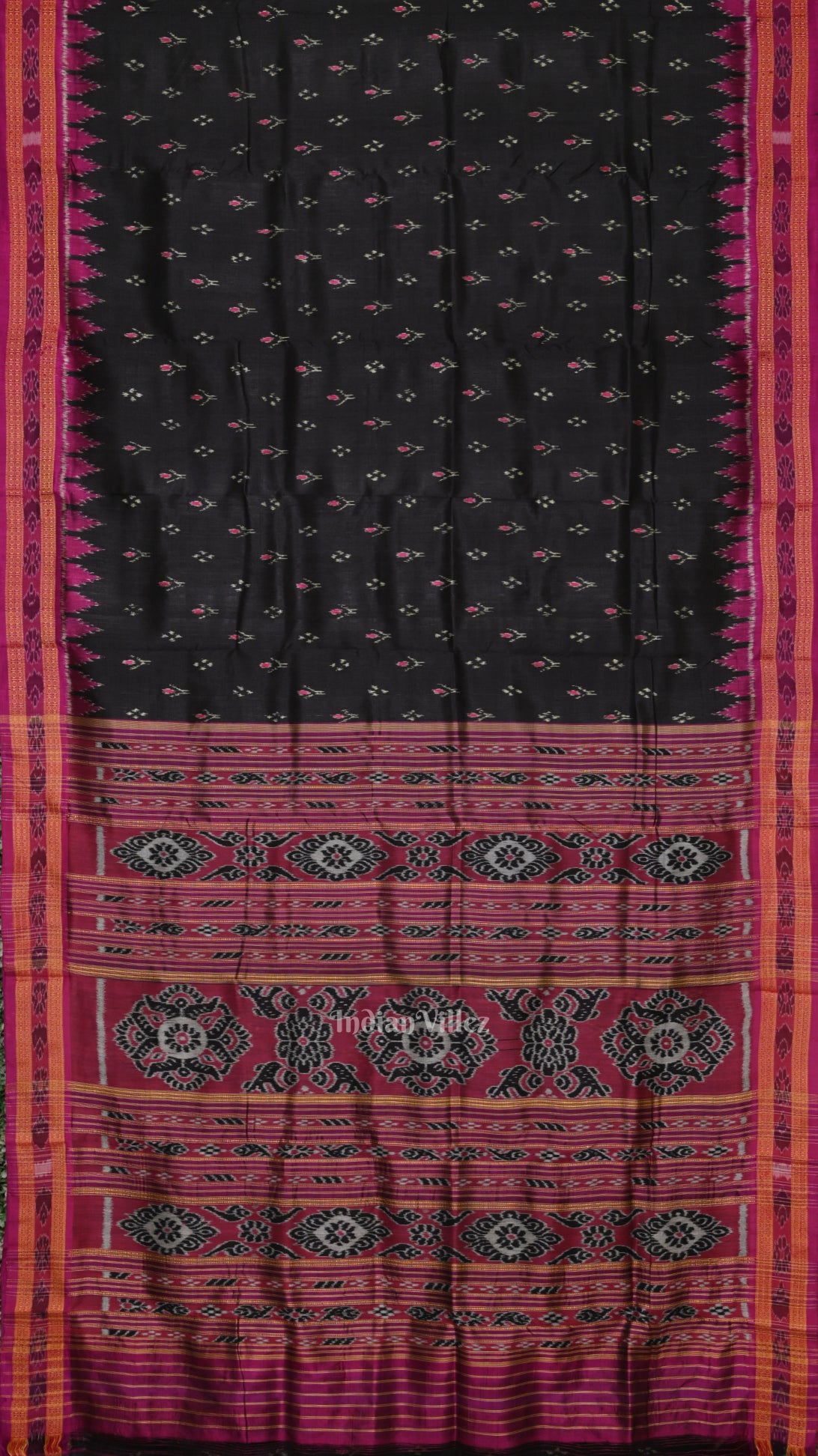 Black Magenta Pink Mayur Chandrika Odisha Ikat Khandua Silk Saree 
