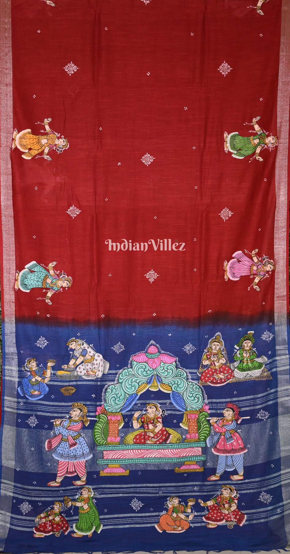 Red Blue Doli Barat Hand-Painted Pattachitra Saree (Linen) 