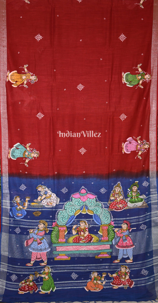 Red Blue Doli Barat Hand-Painted Pattachitra Saree (Linen) 