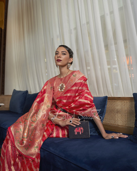 Red Two Tone Meenakari Weaving Organza Banarasi Saree