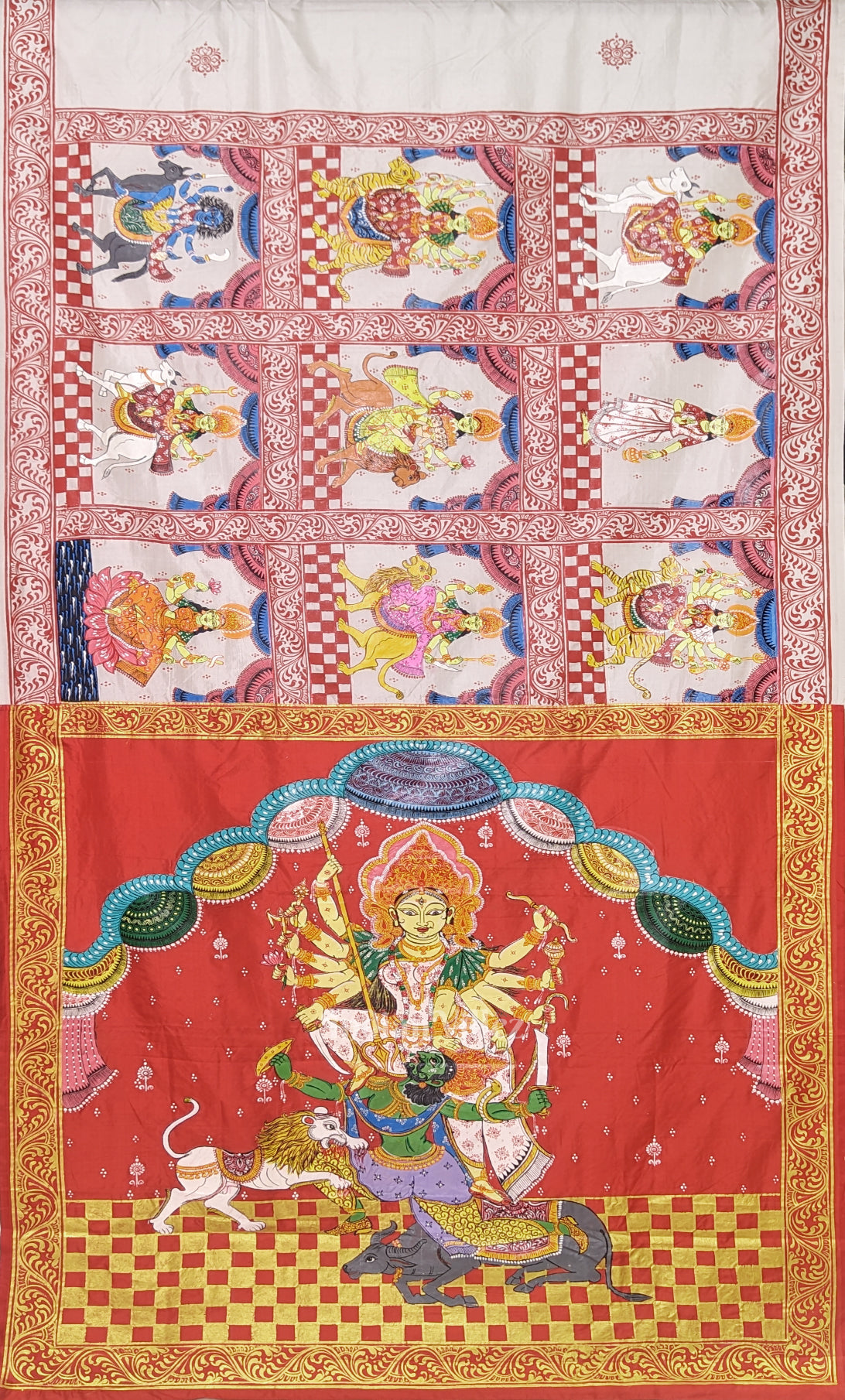 White Red Navaratri Durga Puja Theme Hand-Painted Pattachitra Saree