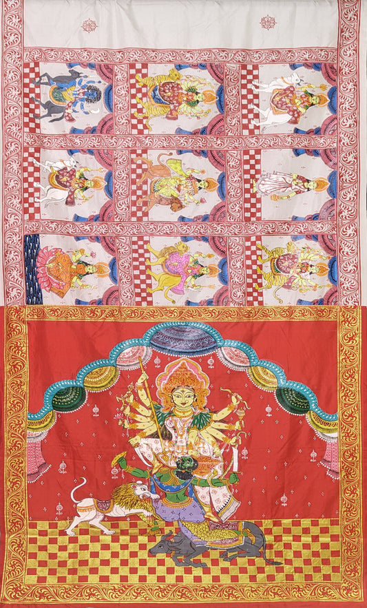 White Red Navaratri Durga Puja Theme Hand-Painted Pattachitra Saree