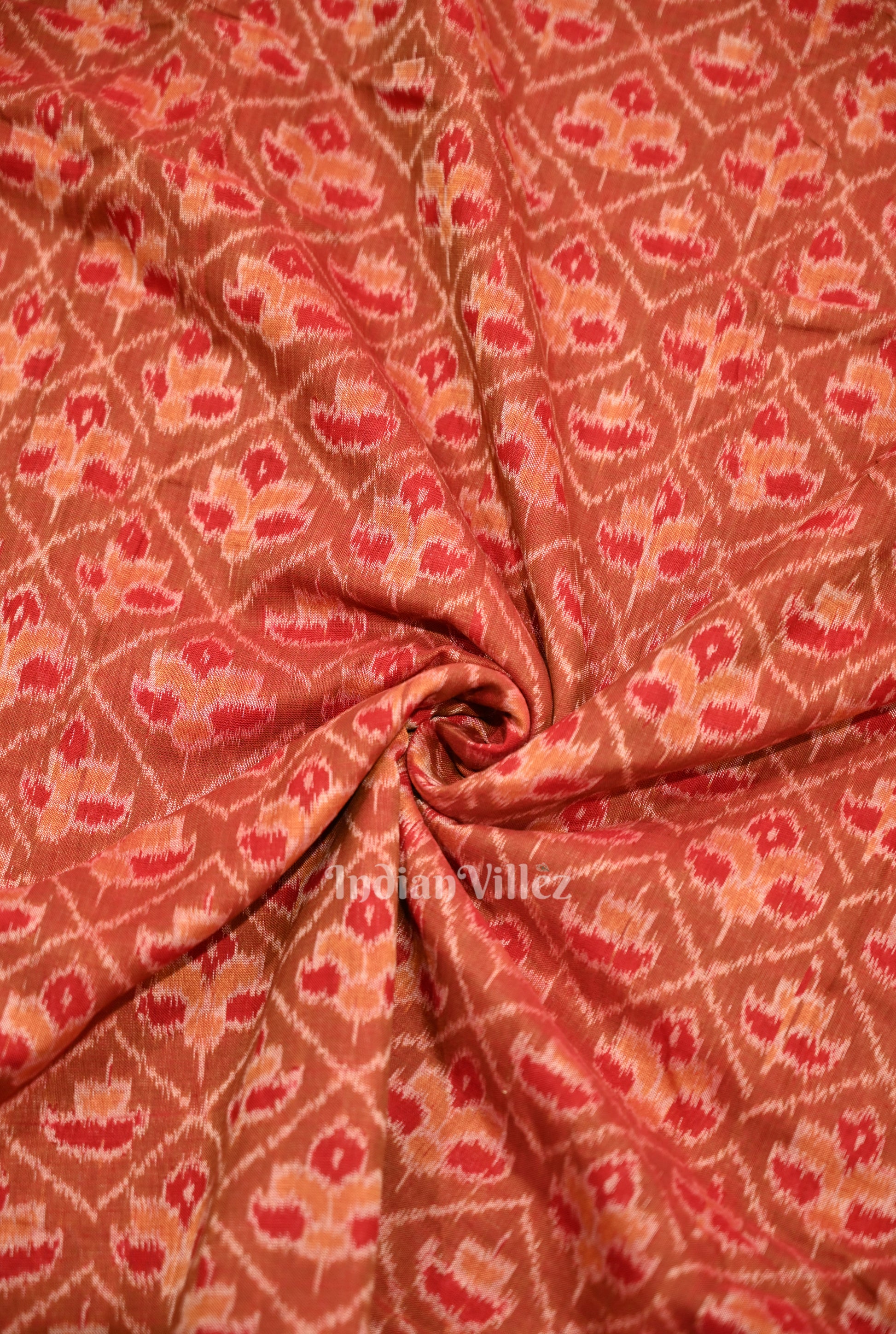 Brick Red Flower Motif Sambalpuri Odisha Ikat Cotton Fabric