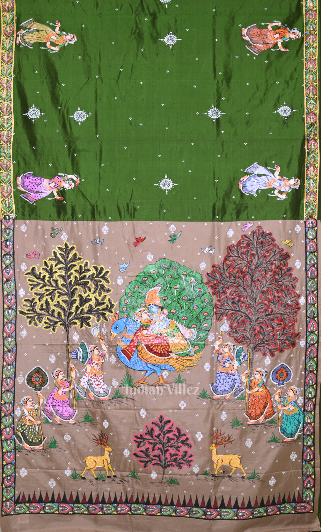 Mehendi Green Cream Krishna Peacock Design Hand-Painted Pattachitra Saree