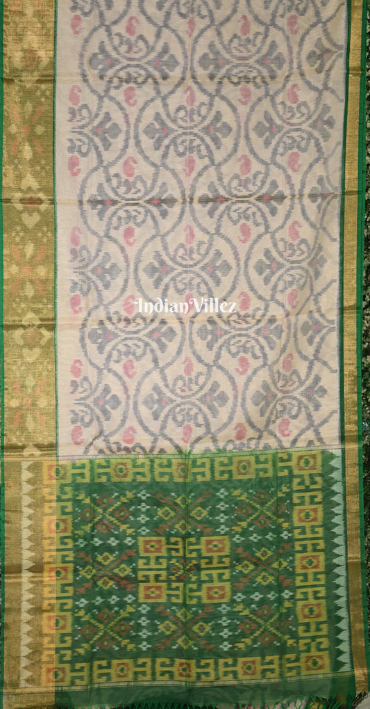 Off White Green Floral Border Pochampally Ikat Silk Cotton (Sico) Saree