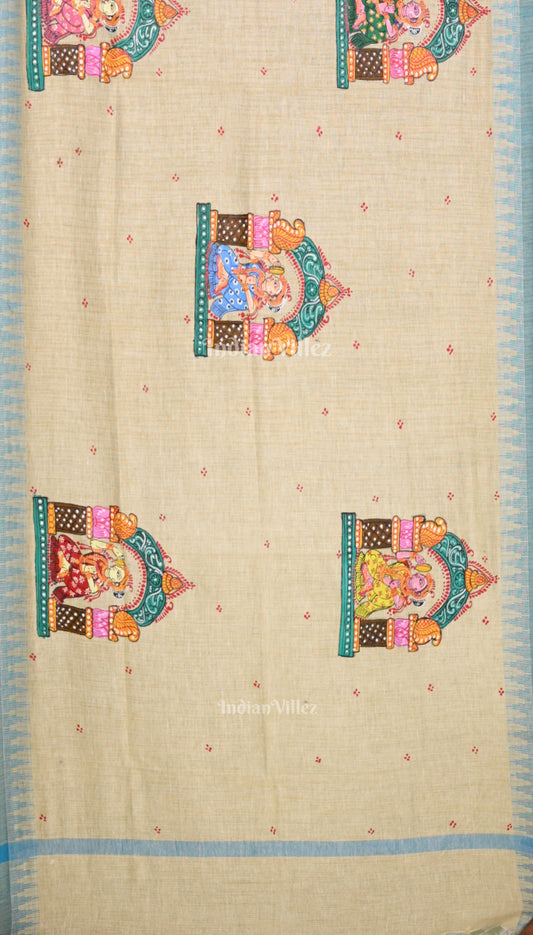 Cream Beige Dulhan Theme Hand-Painted Tussar Pattachitra Dupatta