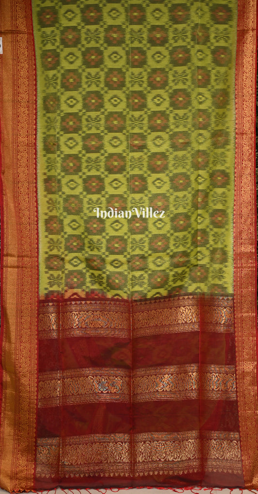 Parrot Green Maroon Pochampally Ikat Silk Cotton (Sico) Saree 