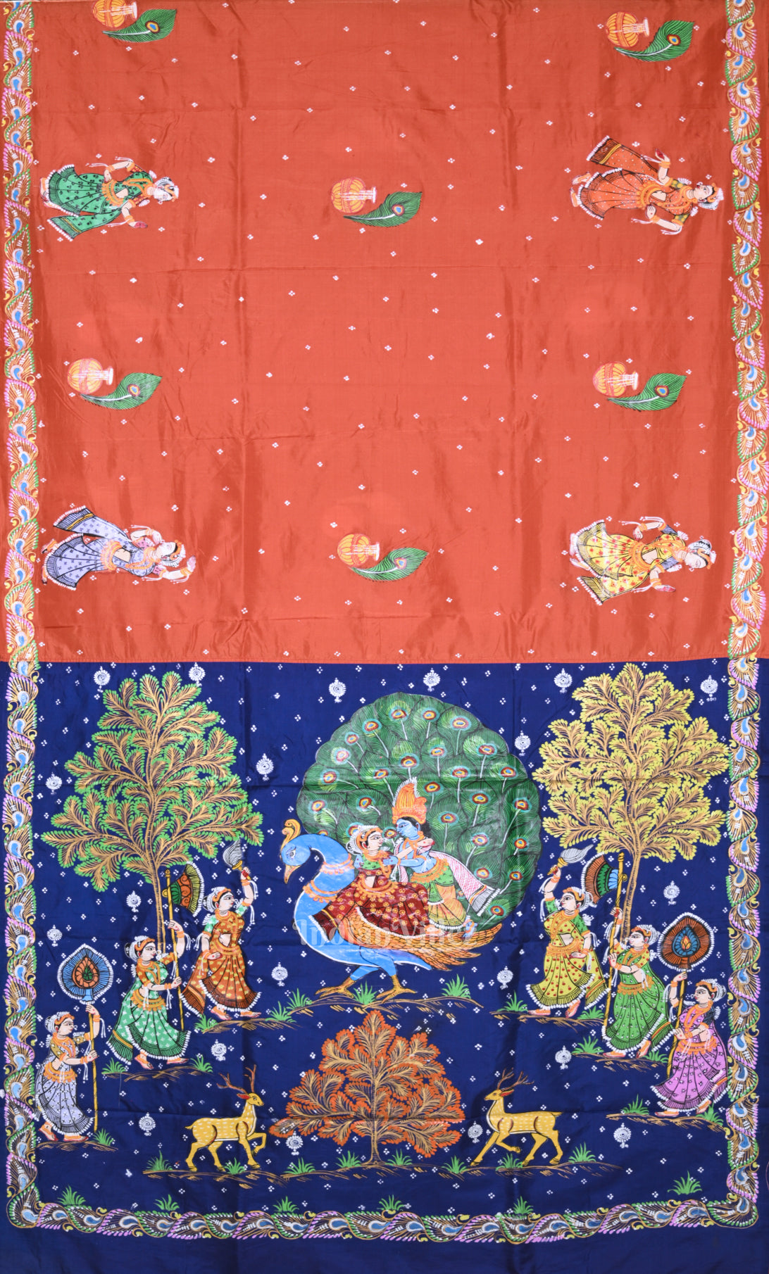 Orange Blue  Krishna Peacock Design Hand-Painted Pattachitra Saree 