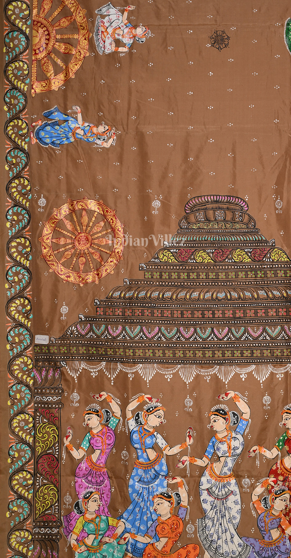 Beige Maroon Nartaki Konark Temple Hand-Painted Pattachitra Saree